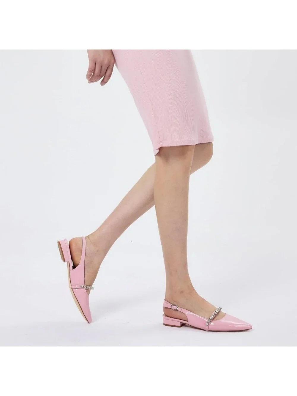 Women's Pink Soft Slingback Flats With Rhinestone Pointed Toe Backstrap Shoes